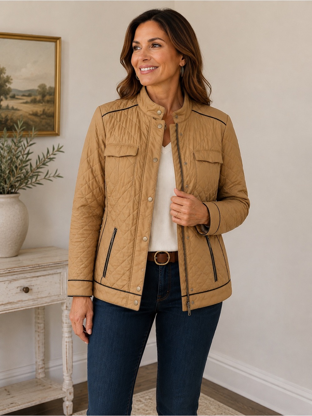 Chico’s Quilted Tan Women's Jacket with Contrast Trim